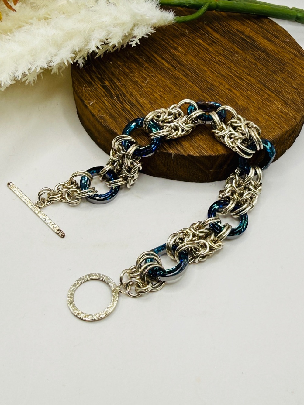 Sterling Silver Chainlink Bracelet with Blue Swarovski Accent Rings